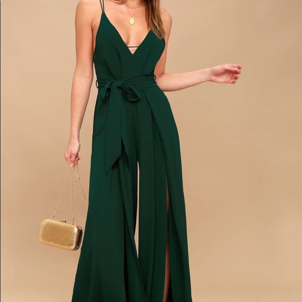 Lulu’s Forest Green Backless Wide leg Jumpsuit